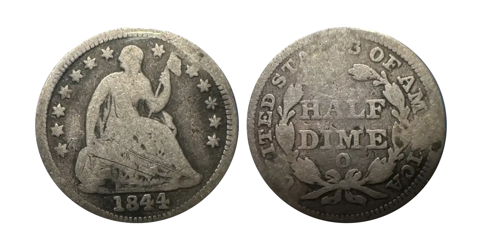 1844-o liberty seated half dime authentic natural rare error