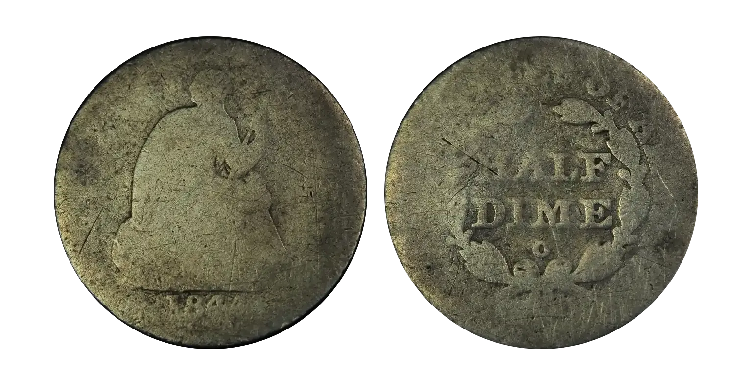 1844-o liberty seated half dime rotated dies mint error