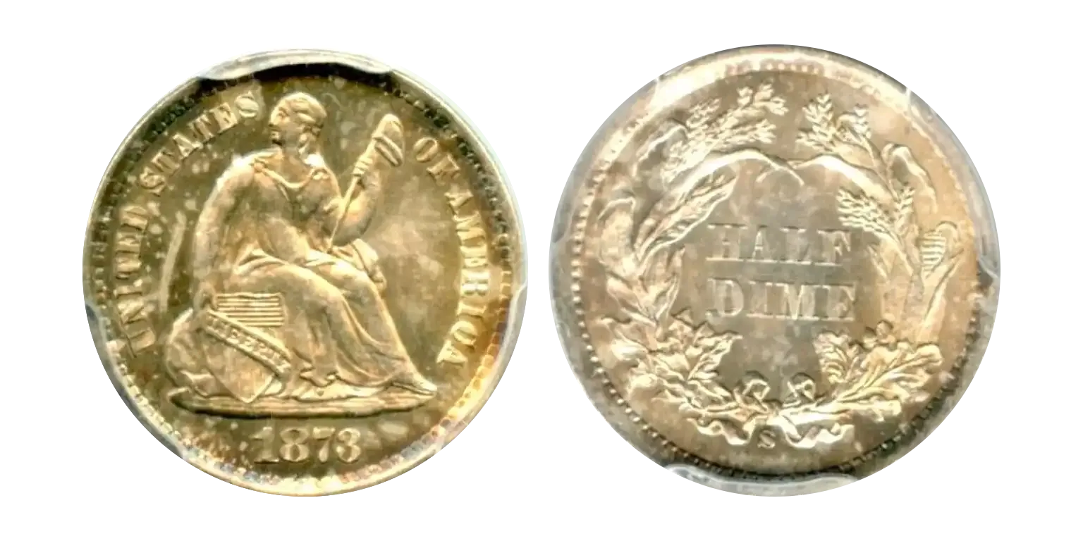 1873-s arrows liberty seated half dime attractively toned error